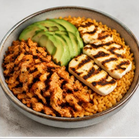 Pulled Chicken,Avo & Halloumi Boujee Bowl